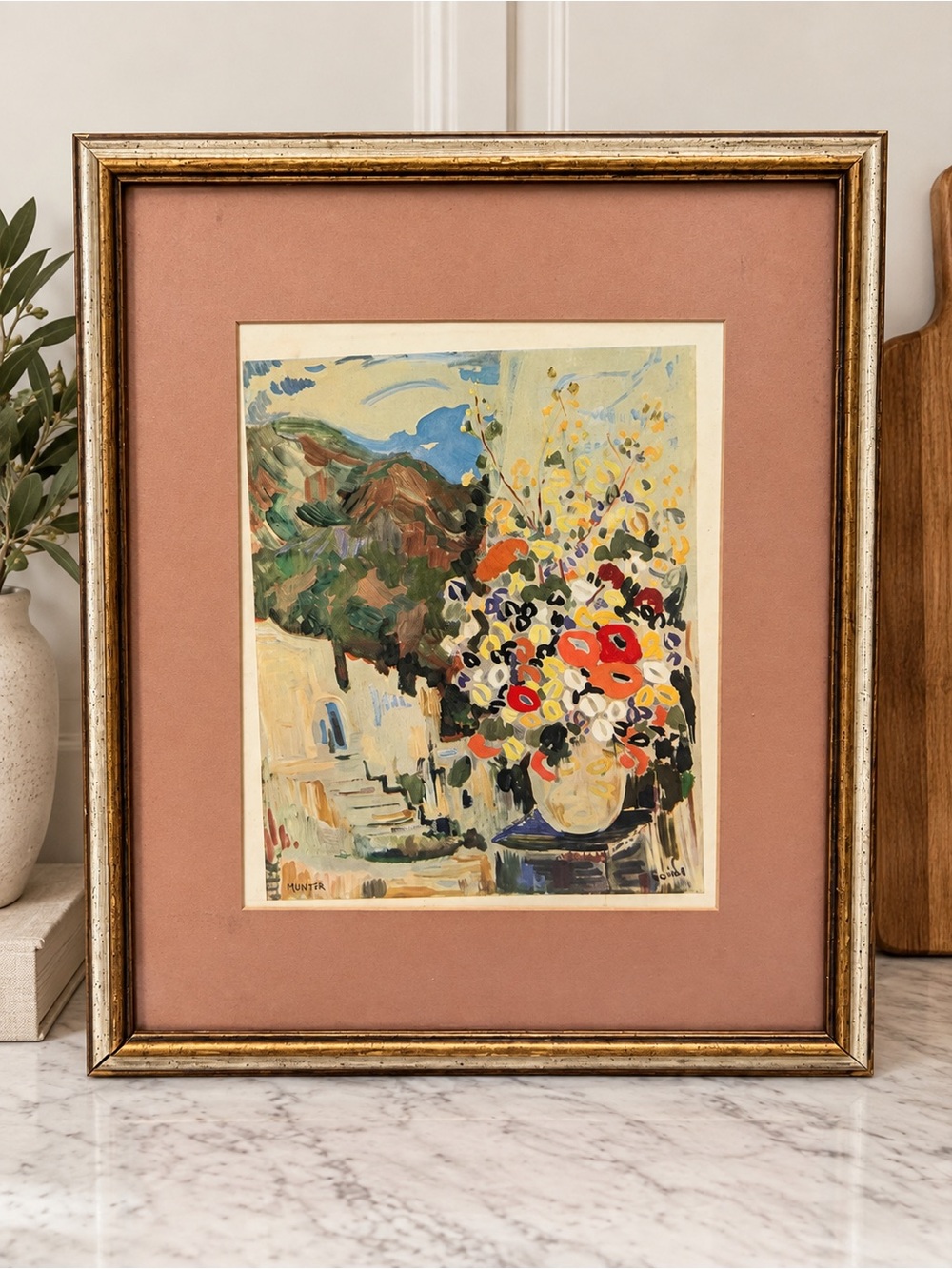 Vintage framed floral landscape art print pink mat 15x18 cottage decor